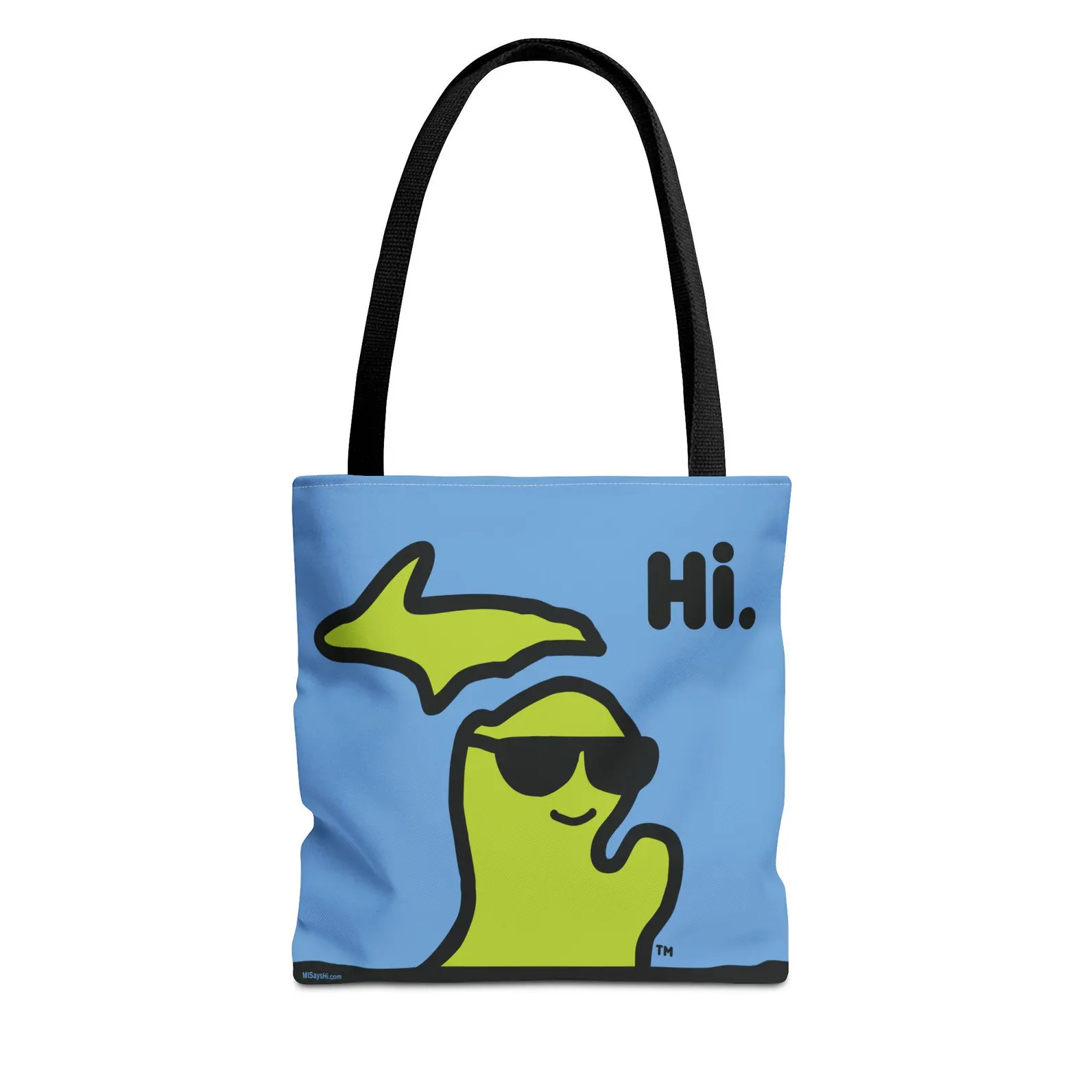 Michigan tote bag by MI Says Hi™ with a smiling, waving state of Michigan wearing sunglasses.