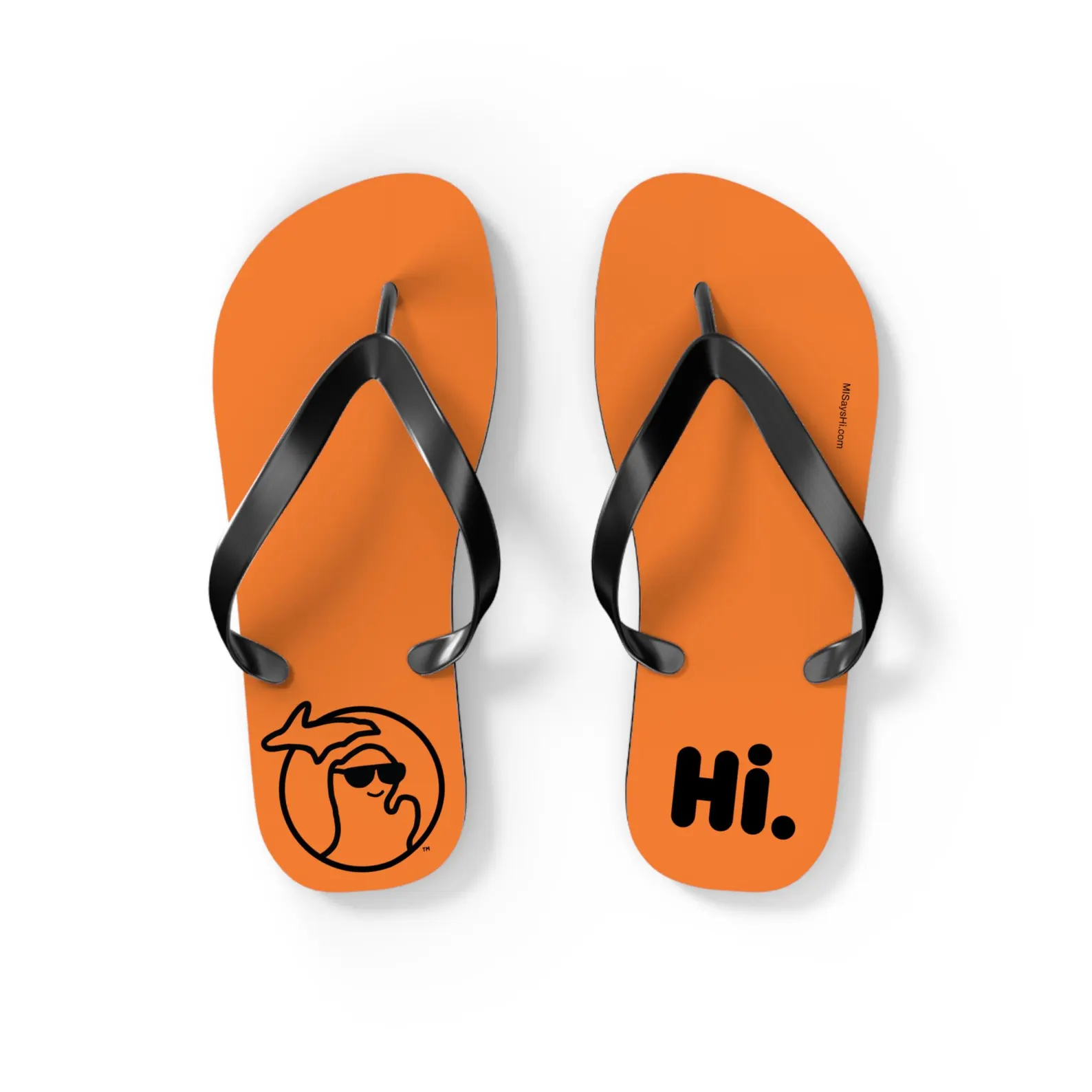 Michigan flip flops by MI Says Hi™ with a waving, smiling state of Michigan wearing sunglasses.