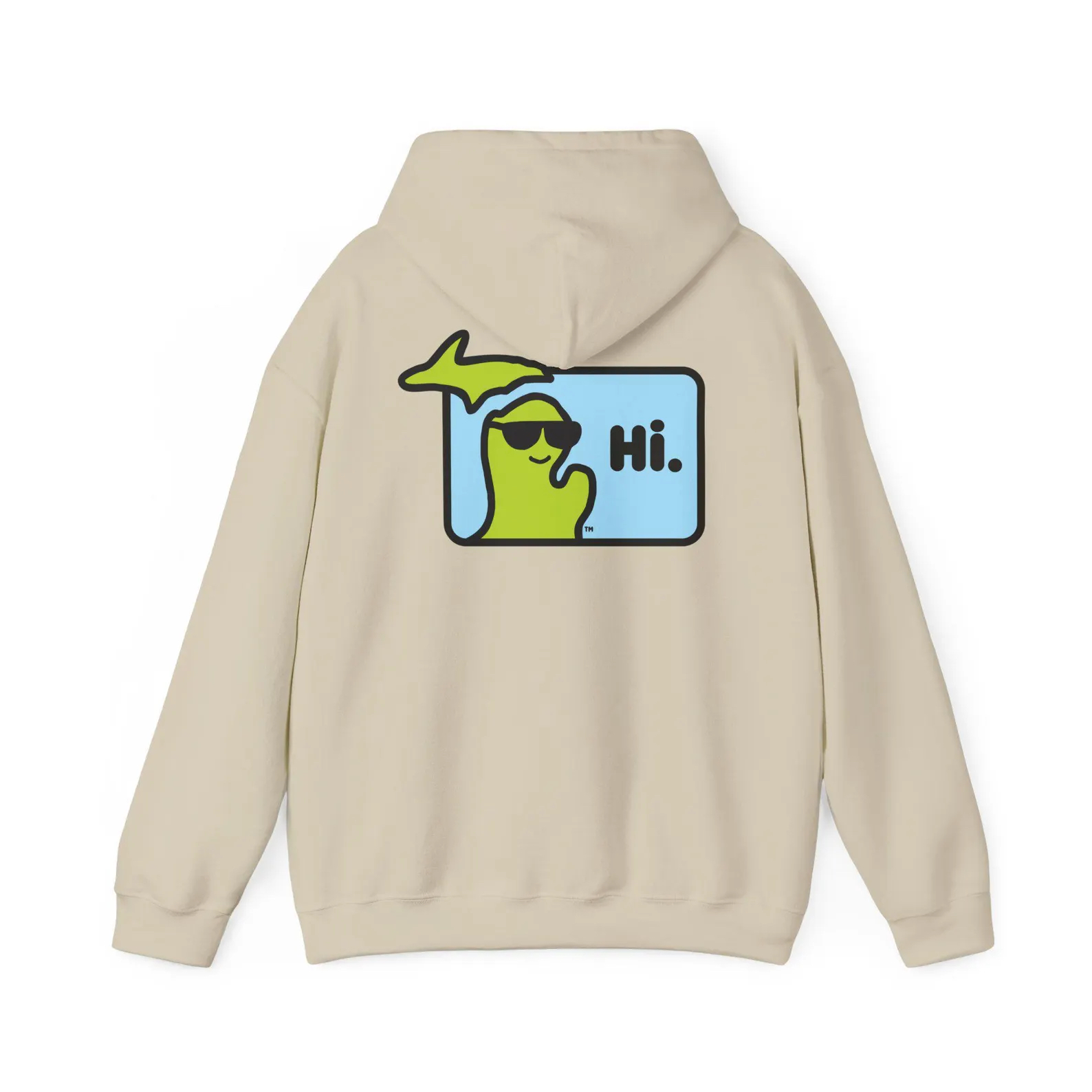 Michigan hoodie by MI Says Hi™ with waving, smiling state of Michigan wearing sunglasses.