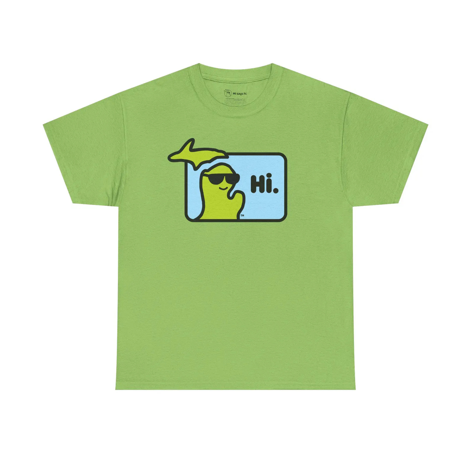 Michigan t-shirt by MI Says Hi™ with a waving, smiling state of Michigan wearing sunglasses.