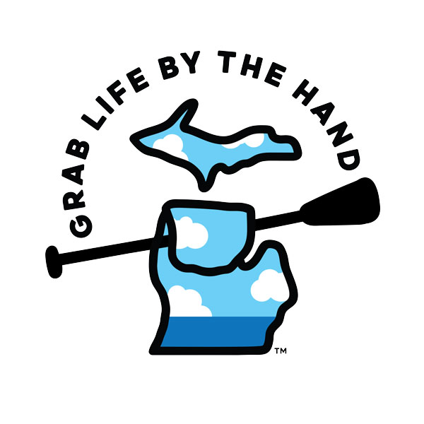 Apparel design of the state of Michigan holding a paddle for canoeing, paddleboarding or kayaking and the title Grab Life by the Hand.