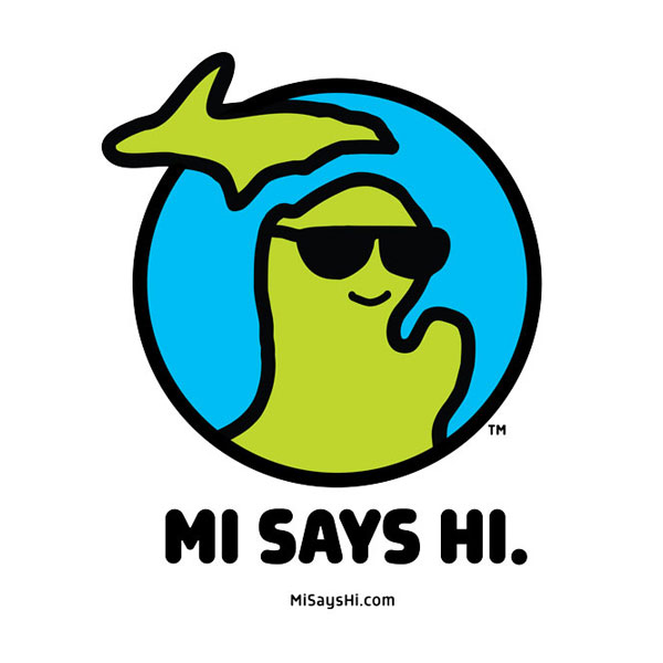 Michigan brand logo with the state of Michigan waving and wearing sunglasses.